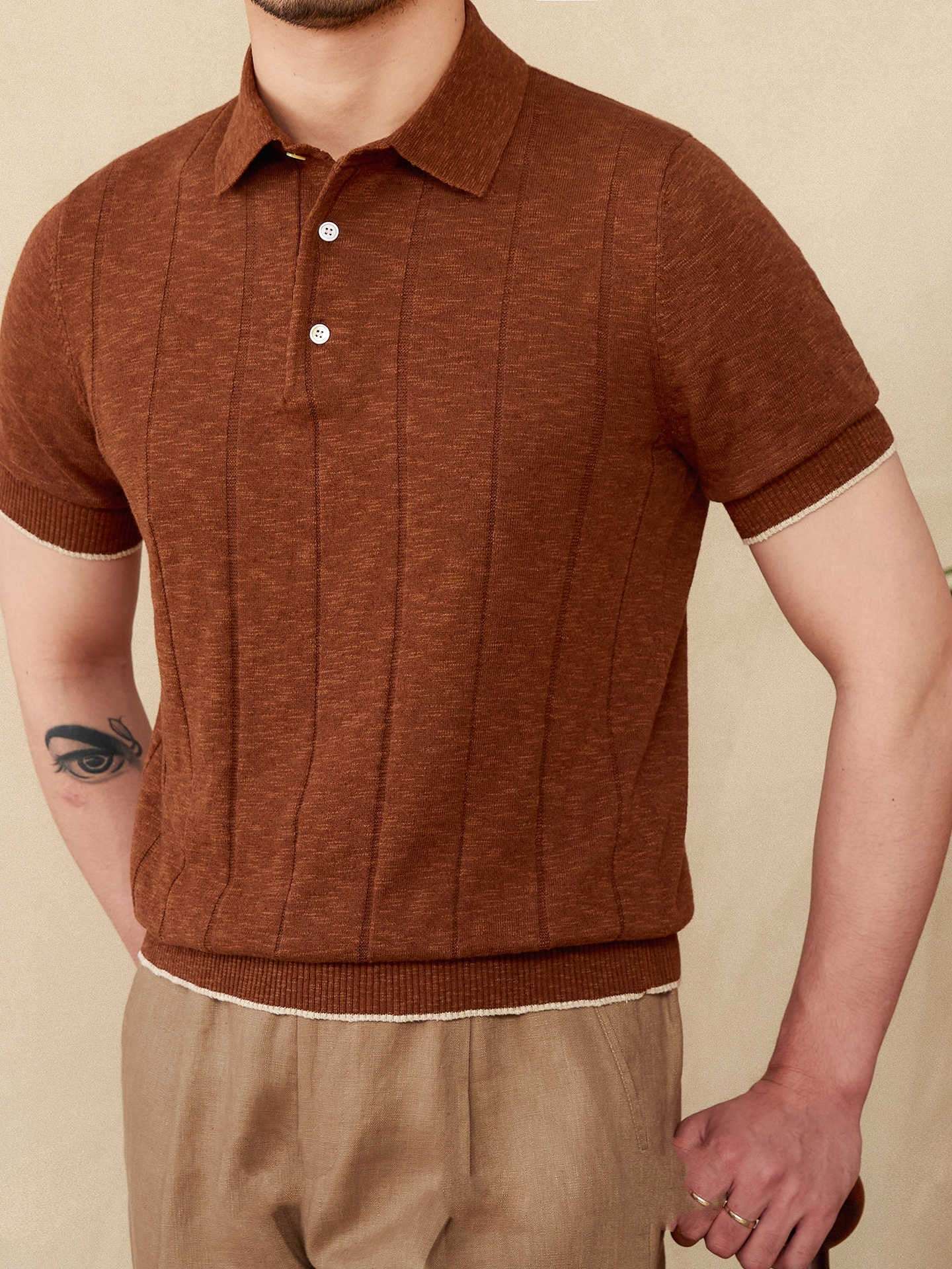Linen Cotton Blended Men's Lapel Knitted Polo Shirt - Elevra