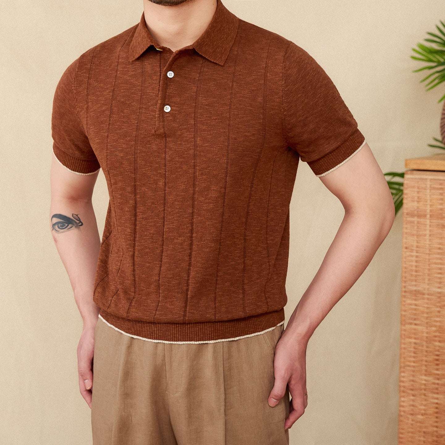 Linen Cotton Blended Men's Lapel Knitted Polo Shirt - Elevra
