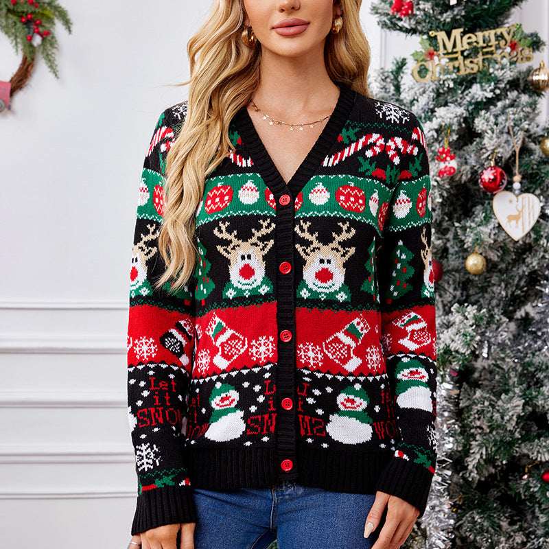 Loose Knitted Cardigan Sweater Coat Women's Casual Long - sleeved Christmas Sweater - Elevra