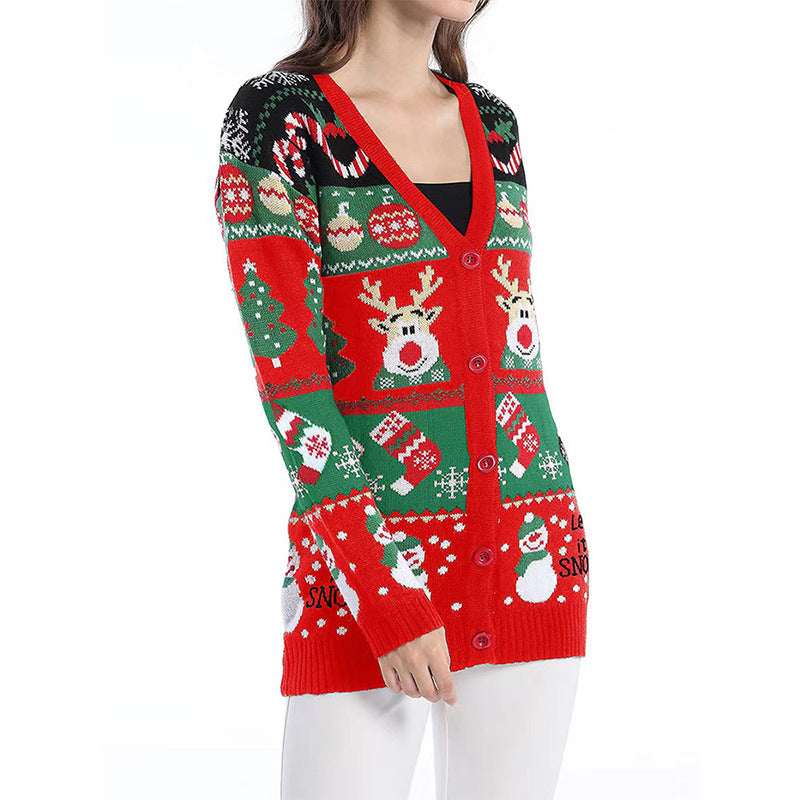 Loose Knitted Cardigan Sweater Coat Women's Casual Long - sleeved Christmas Sweater - Elevra
