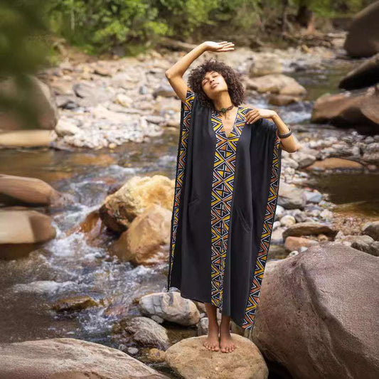 Maxi African Tribal Pattern Ethnic Style Handmade Robe Pocket Skirt - Elevra