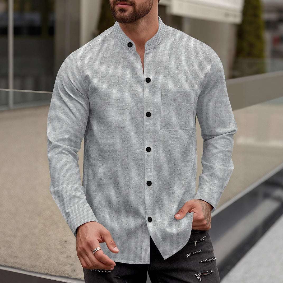 Mens Cardigan Stand - Neck Long - Sleeve Shirt - Elevra