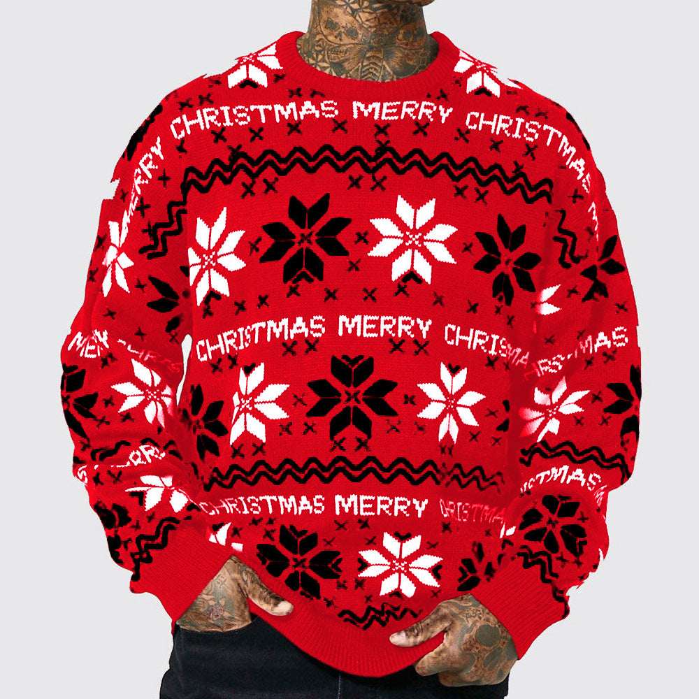 Men's Christmas Jacquard Loose - fitting Drop - shoulder Long - sleeve Sweater - Elevra