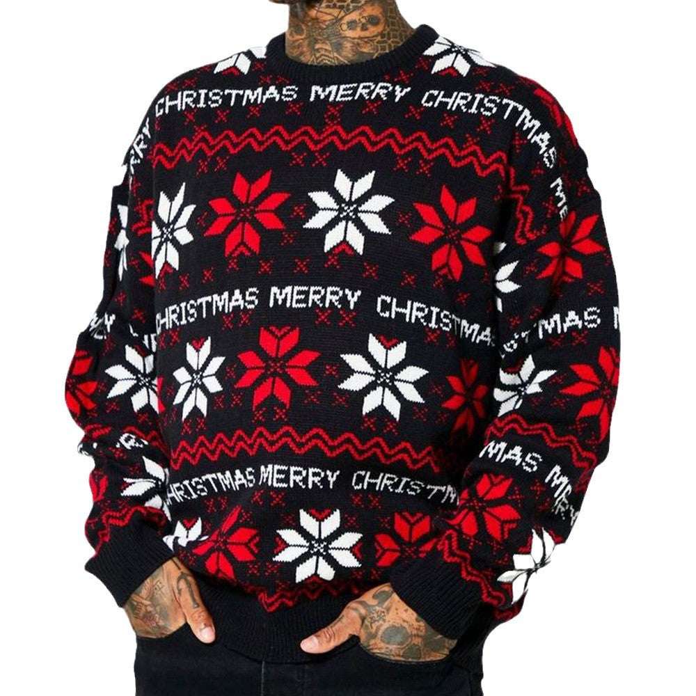 Men's Christmas Jacquard Loose - fitting Drop - shoulder Long - sleeve Sweater - Elevra