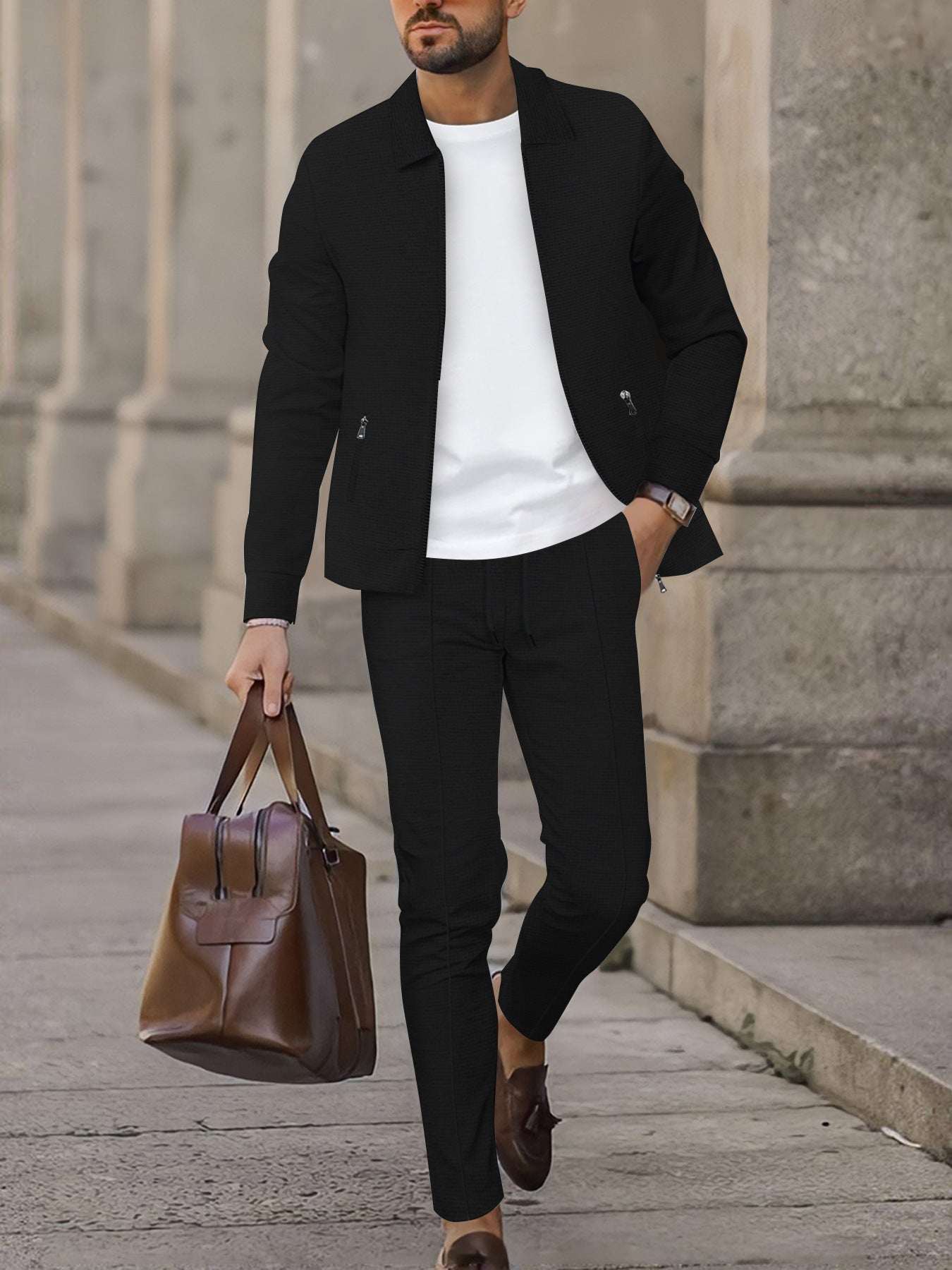 Mens Fashionable Casual Suit Waffle - Weave Set - Elevra
