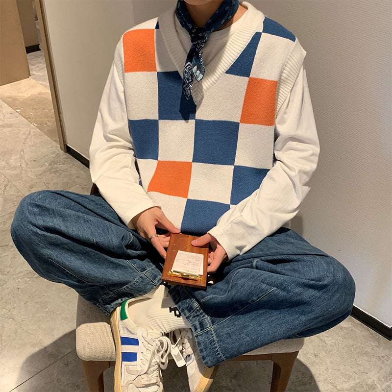 Men's Plaid Sweater V - Neck Knitted Vest - Elevra