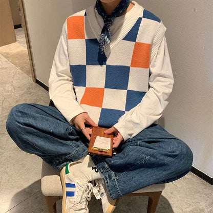 Men's Plaid Sweater V - Neck Knitted Vest - Elevra