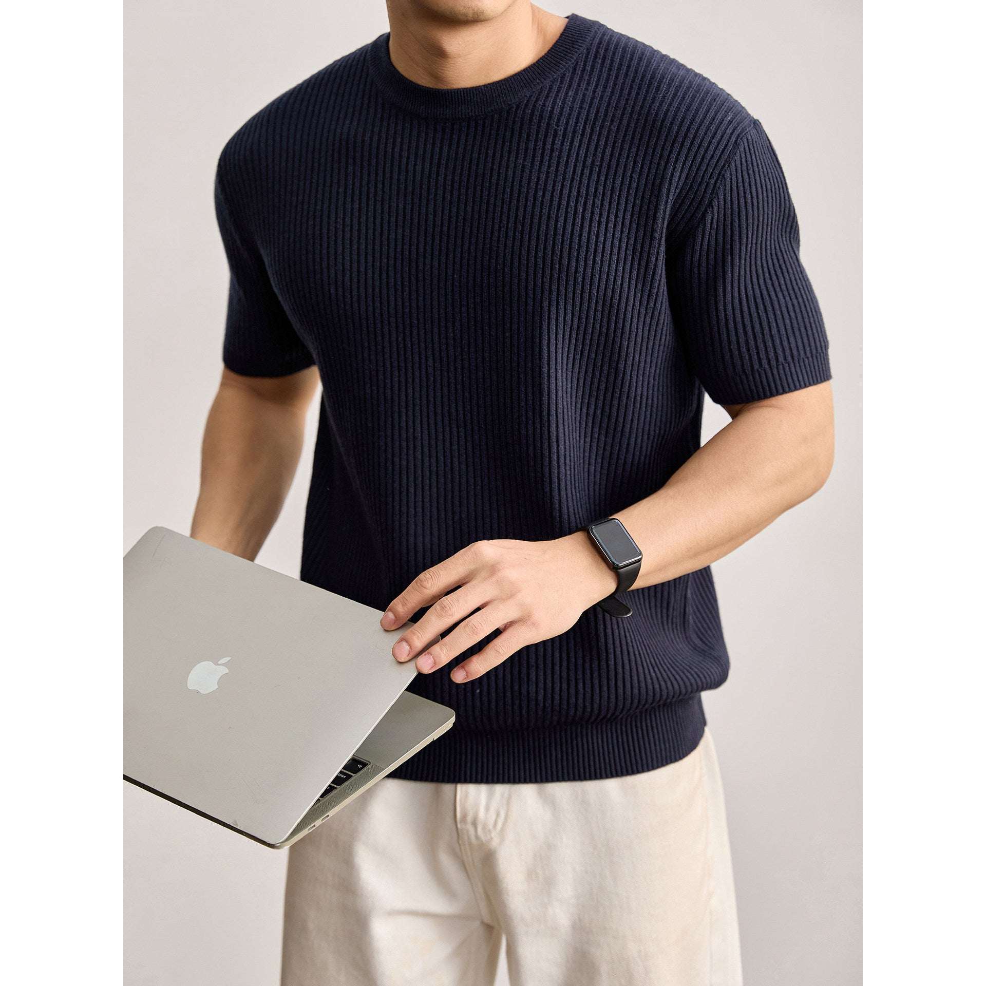 Mens Round - Neck Knitted Short - Sleeve T-Shirt - Elevra
