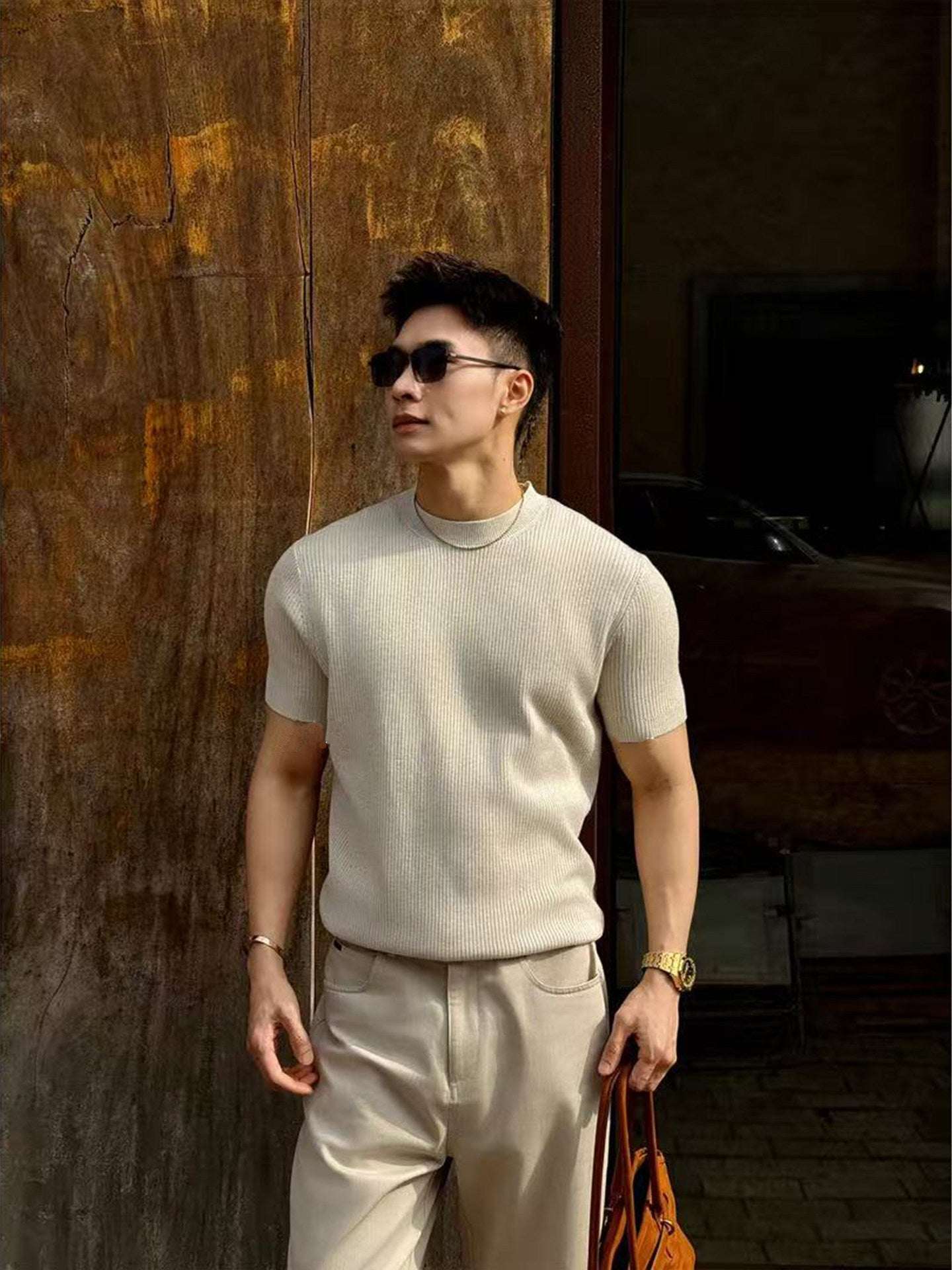 Mens Round - Neck Knitted Short - Sleeve T-Shirt - Elevra