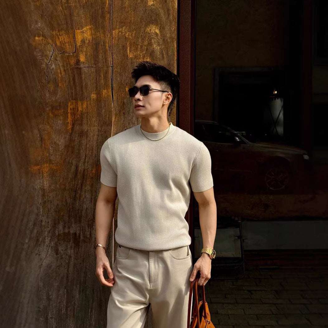 Mens Round - Neck Knitted Short - Sleeve T-Shirt - Elevra