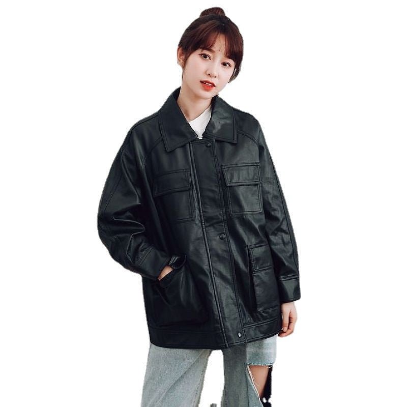 Motorcycle Leather Leather Jacket Mid - length Windbreaker PU Leather Jacket - Elevra