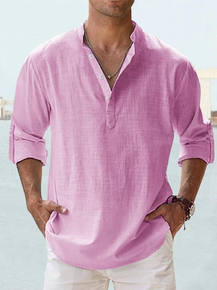 Pink linen henley shirt for men, casual summer wear with rolled sleeves and relaxed fit