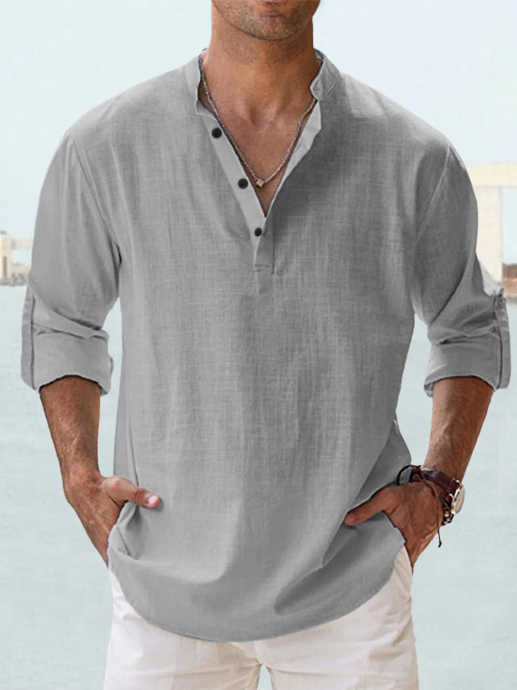 Men's gray linen henley shirt with rolled sleeves, casual summer style