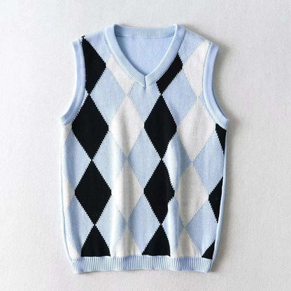 New V - neck knitted vest with plaid knitting - Elevra