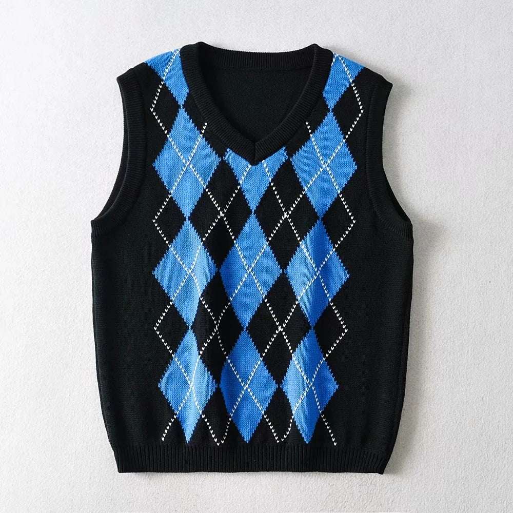 New V - neck knitted vest with plaid knitting - Elevra