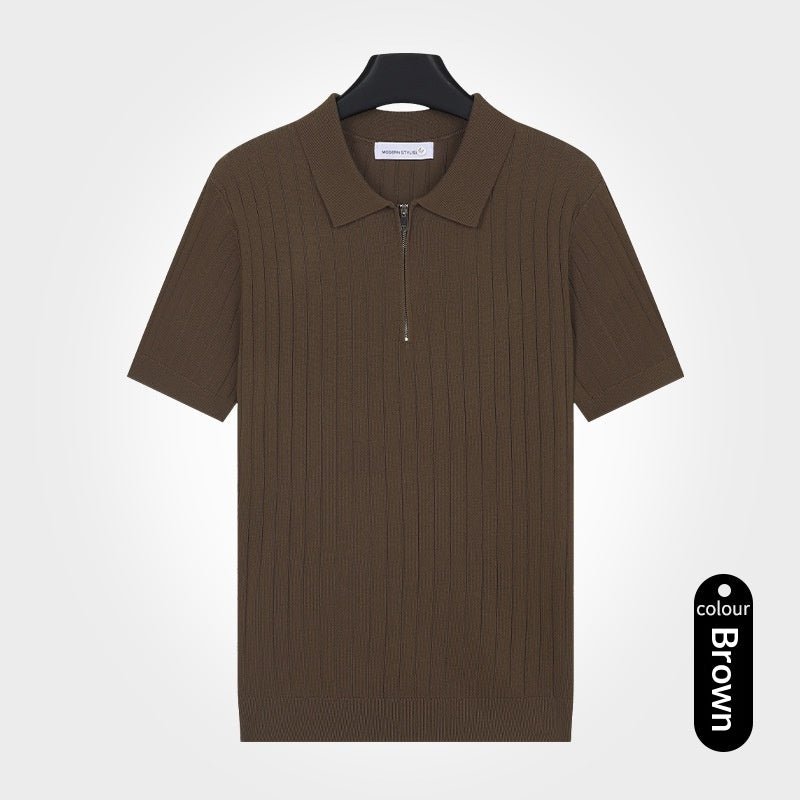 Old - money - style Lapel Zip - up Short - sleeve T-shirt Knit Sweater - Elevra