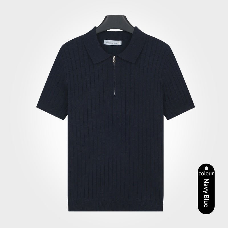 Old - money - style Lapel Zip - up Short - sleeve T-shirt Knit Sweater - Elevra