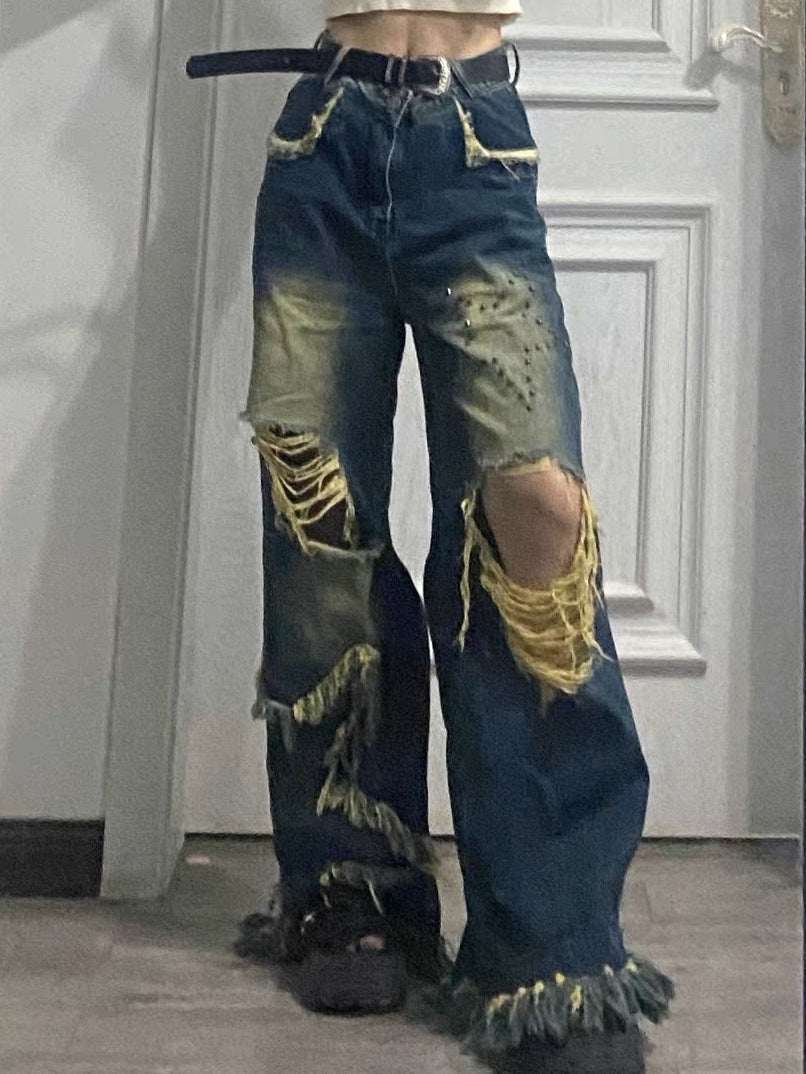 Oversized American Vintage Tassel Distressed Jeans - Elevra