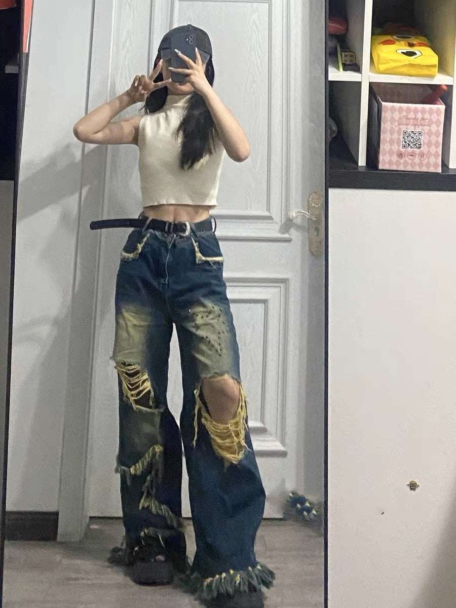 Oversized American Vintage Tassel Distressed Jeans - Elevra
