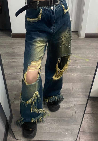 Oversized American Vintage Tassel Distressed Jeans - Elevra