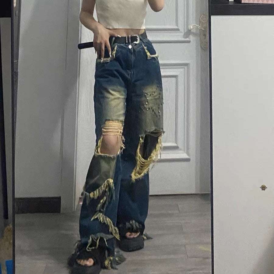 Oversized American Vintage Tassel Distressed Jeans - Elevra