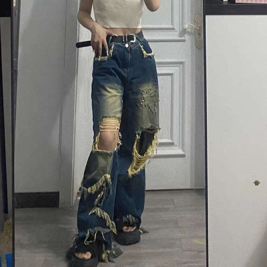 Oversized American Vintage Tassel Distressed Jeans - Elevra