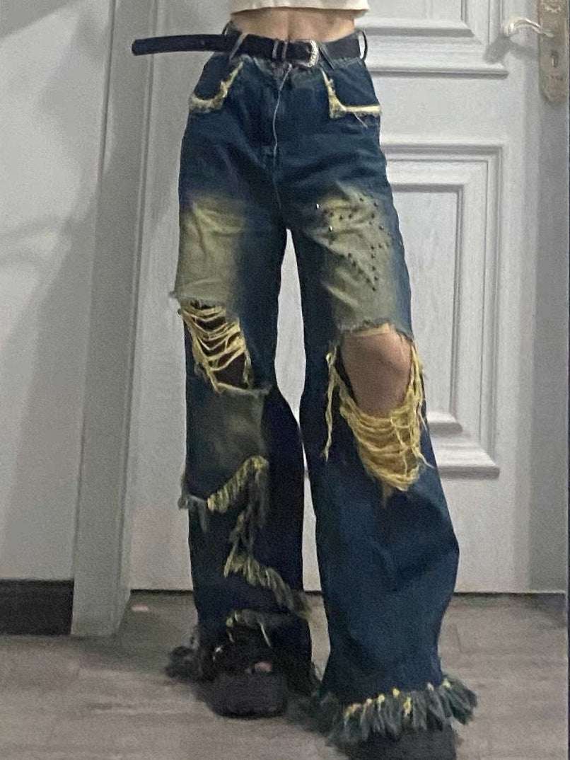Oversized American Vintage Tassel Distressed Jeans - Elevra