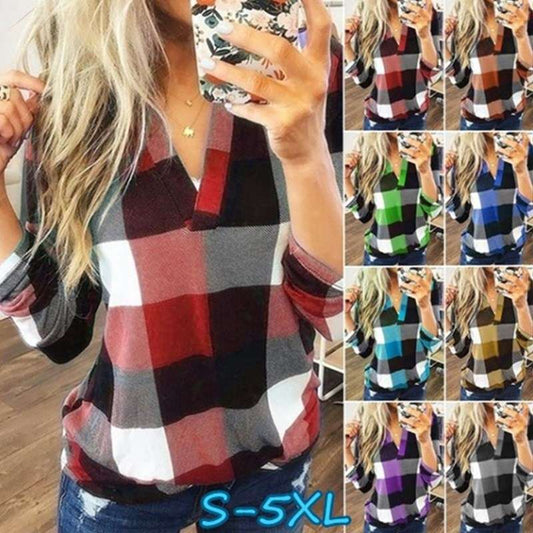 Plaid Printed V - Neck Long Sleeve T-Shirt - Elevra