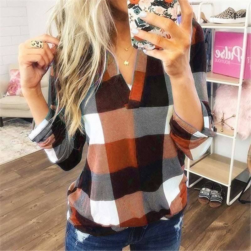 Plaid Printed V - Neck Long Sleeve T-Shirt - Elevra