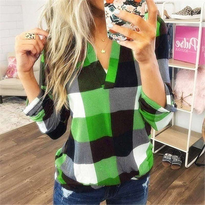 Plaid Printed V - Neck Long Sleeve T-Shirt - Elevra