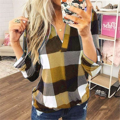Plaid Printed V - Neck Long Sleeve T-Shirt - Elevra