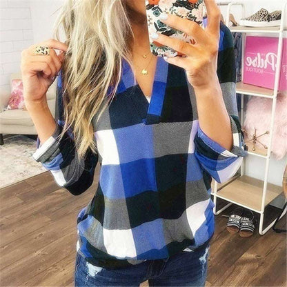 Plaid Printed V - Neck Long Sleeve T-Shirt - Elevra