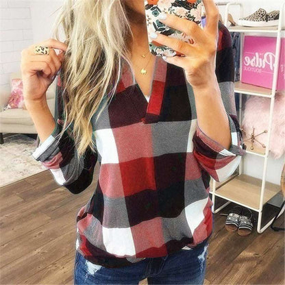Plaid Printed V - Neck Long Sleeve T-Shirt - Elevra