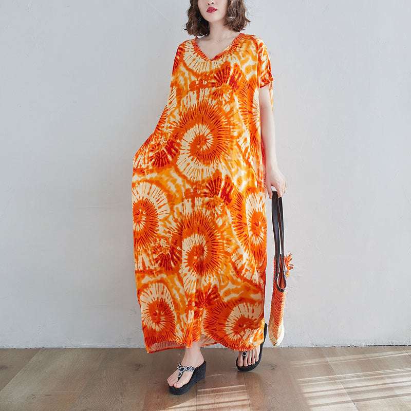 Printed Long Skirt Tie - dye Holiday Casual Straight Over - the - knee Maxi Dress - Elevra