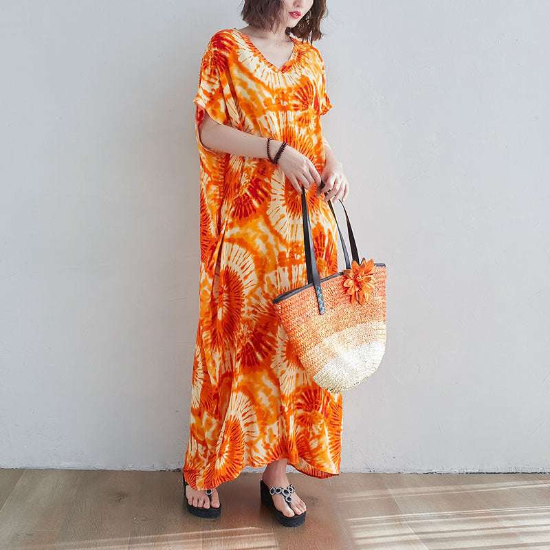 Printed Long Skirt Tie - dye Holiday Casual Straight Over - the - knee Maxi Dress - Elevra