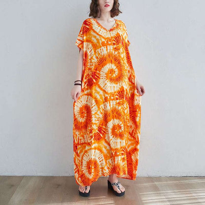 Printed Long Skirt Tie - dye Holiday Casual Straight Over - the - knee Maxi Dress - Elevra