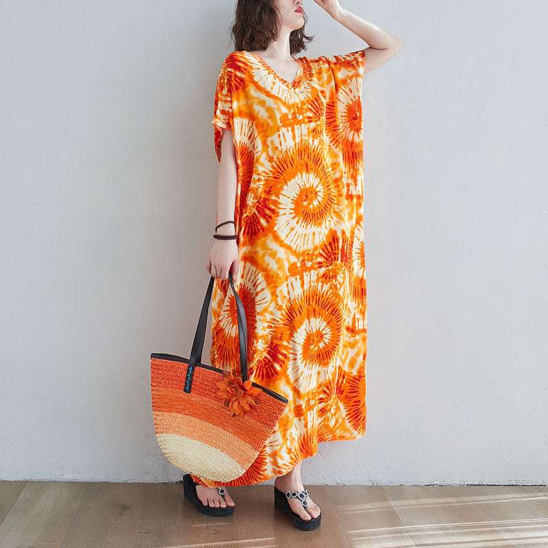 Printed Long Skirt Tie - dye Holiday Casual Straight Over - the - knee Maxi Dress - Elevra