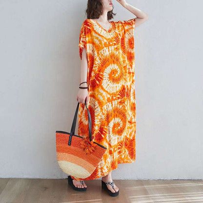Printed Long Skirt Tie - dye Holiday Casual Straight Over - the - knee Maxi Dress - Elevra