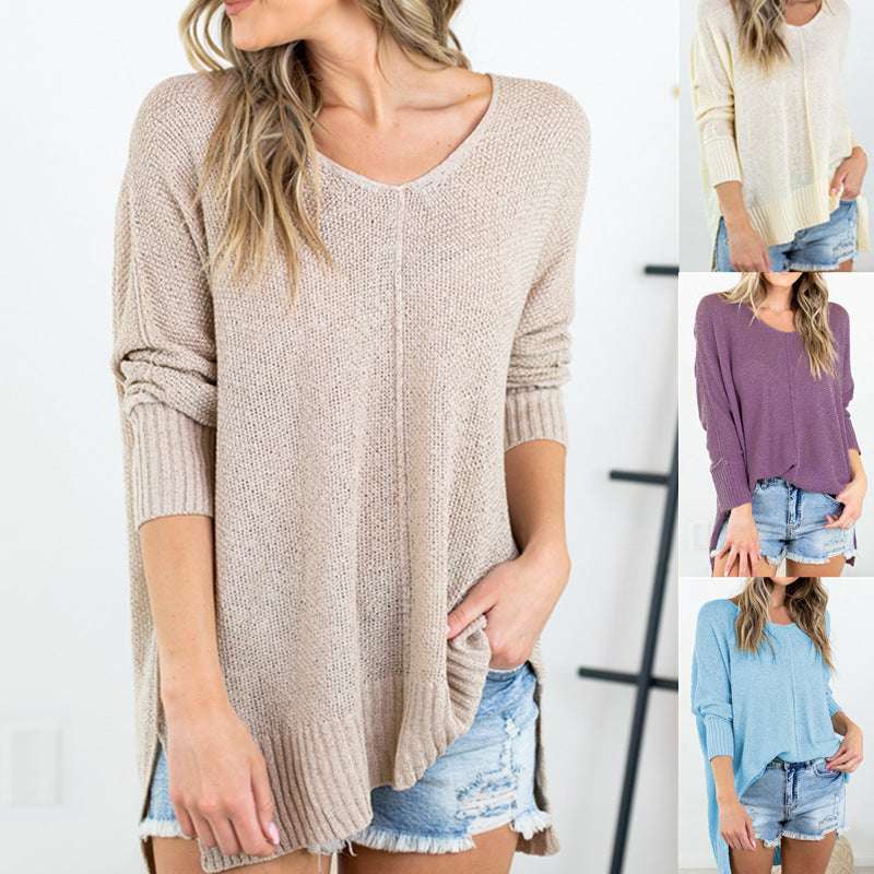 Pure Color Casual V Neck Openwork Split Knit Sweater - Elevra
