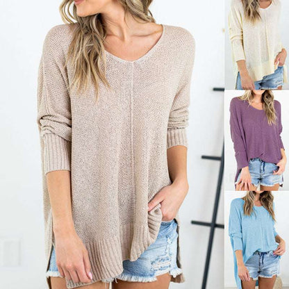 Pure Color Casual V Neck Openwork Split Knit Sweater - Elevra