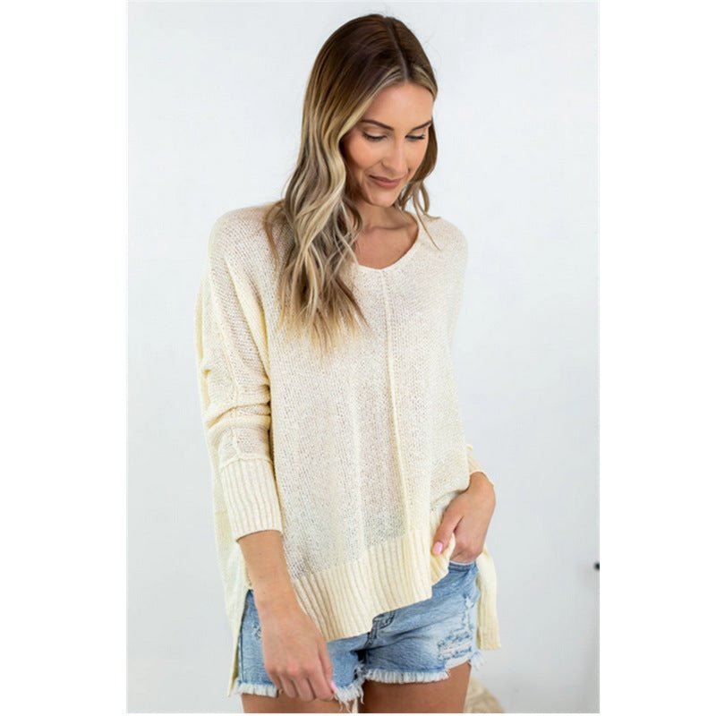 Pure Color Casual V Neck Openwork Split Knit Sweater - Elevra