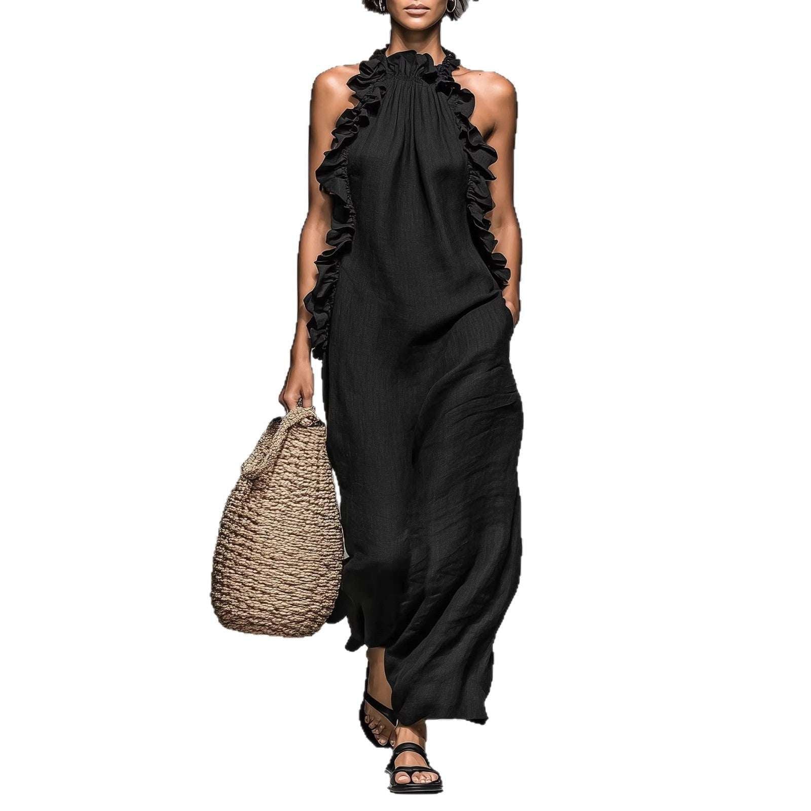 Resort Style Ruffled Halter Neck Sleeveless Maxi Dress - Loose Fit Flattering Flowy Skirt For Party Evening Gown - Elevra
