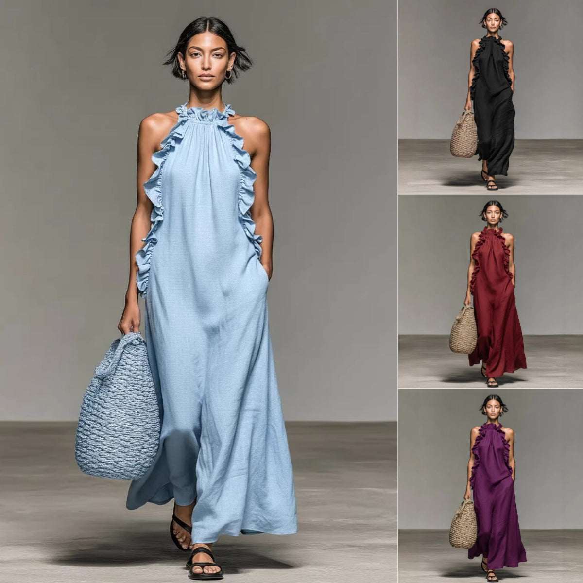 Resort Style Ruffled Halter Neck Sleeveless Maxi Dress - Loose Fit Flattering Flowy Skirt For Party Evening Gown - Elevra