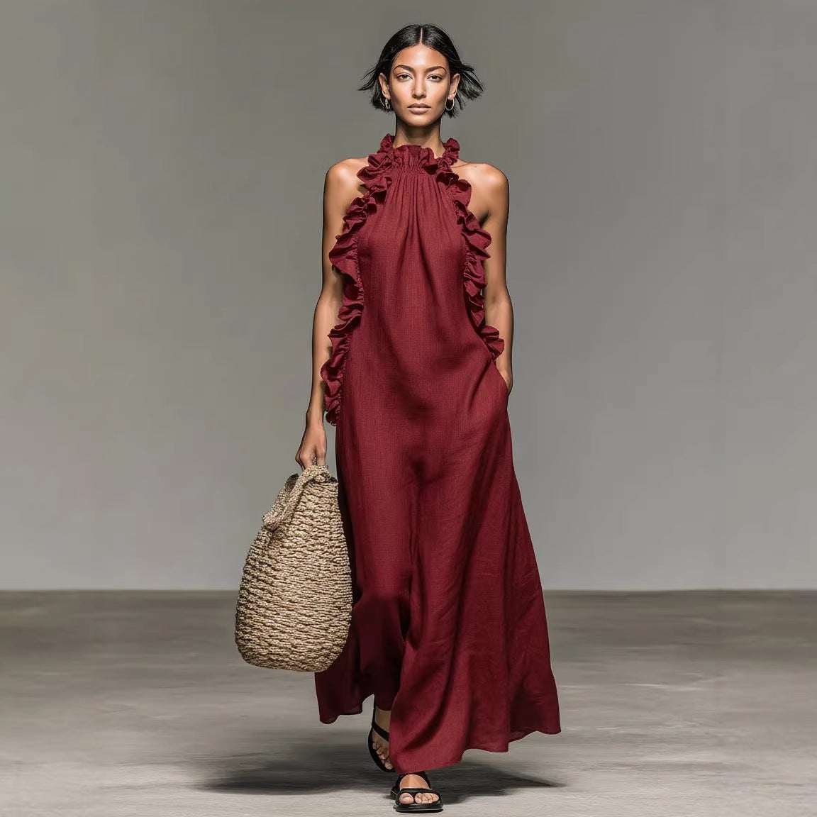 Resort Style Ruffled Halter Neck Sleeveless Maxi Dress - Loose Fit Flattering Flowy Skirt For Party Evening Gown - Elevra