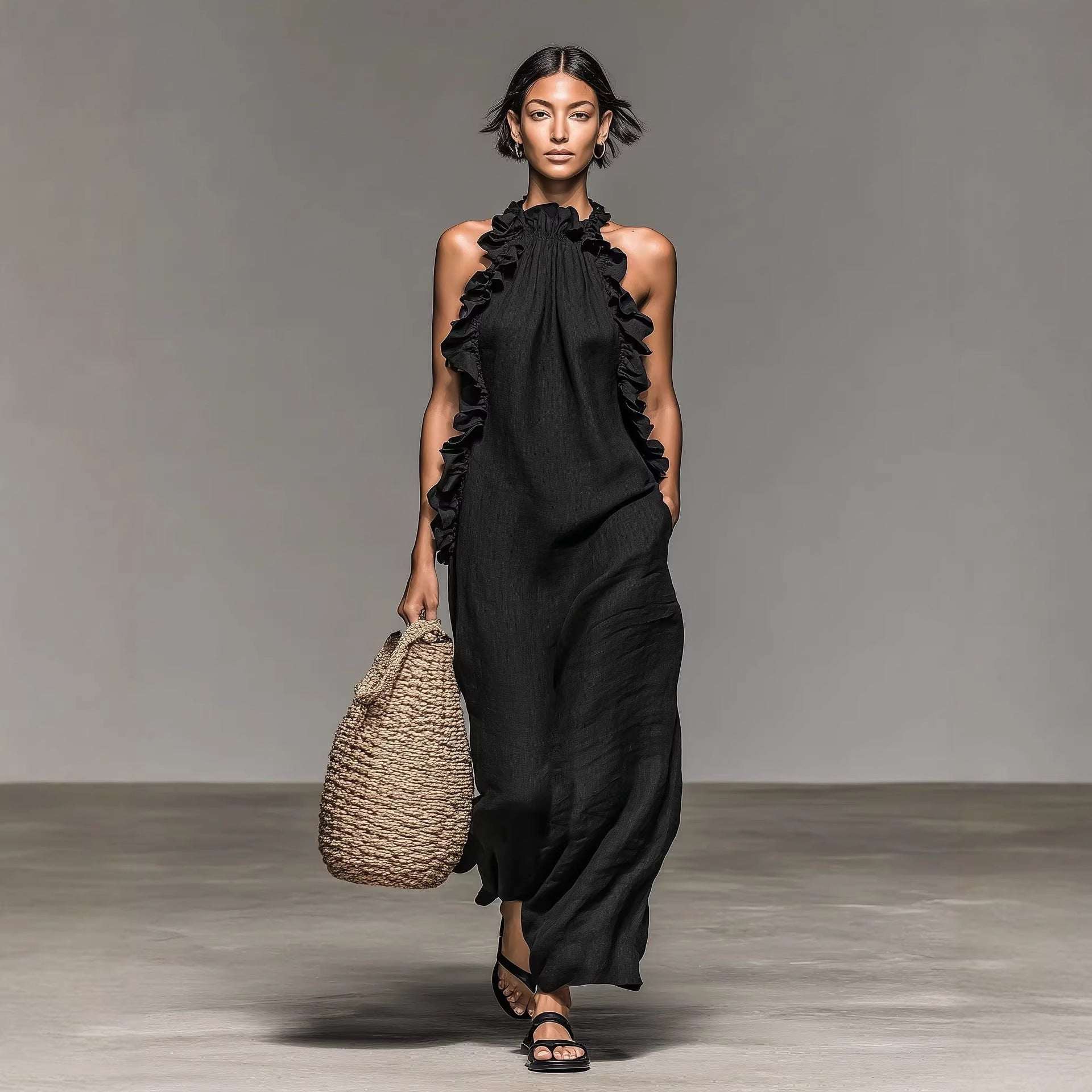 Resort Style Ruffled Halter Neck Sleeveless Maxi Dress - Loose Fit Flattering Flowy Skirt For Party Evening Gown - Elevra