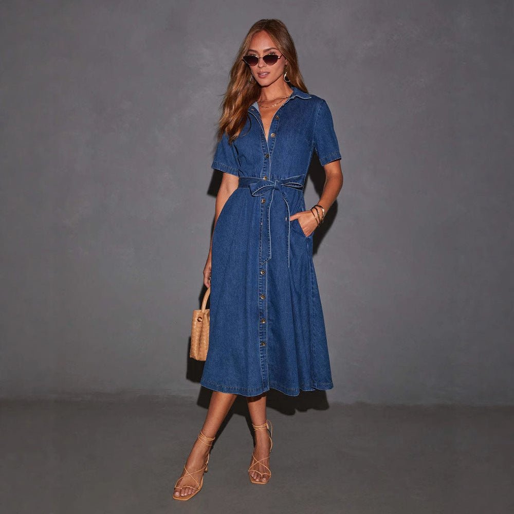 Retro V - neck Lace - up Denim Dress - Elevra
