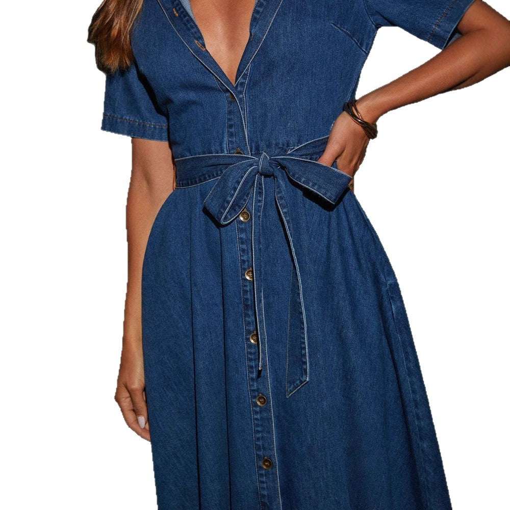 Retro V - neck Lace - up Denim Dress - Elevra