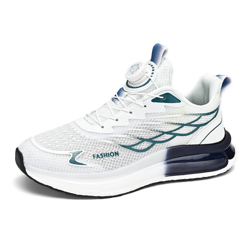 White mesh running shoe with teal accents, air cushion sole, and 'FASHION' text, ideal for athletic comfort.