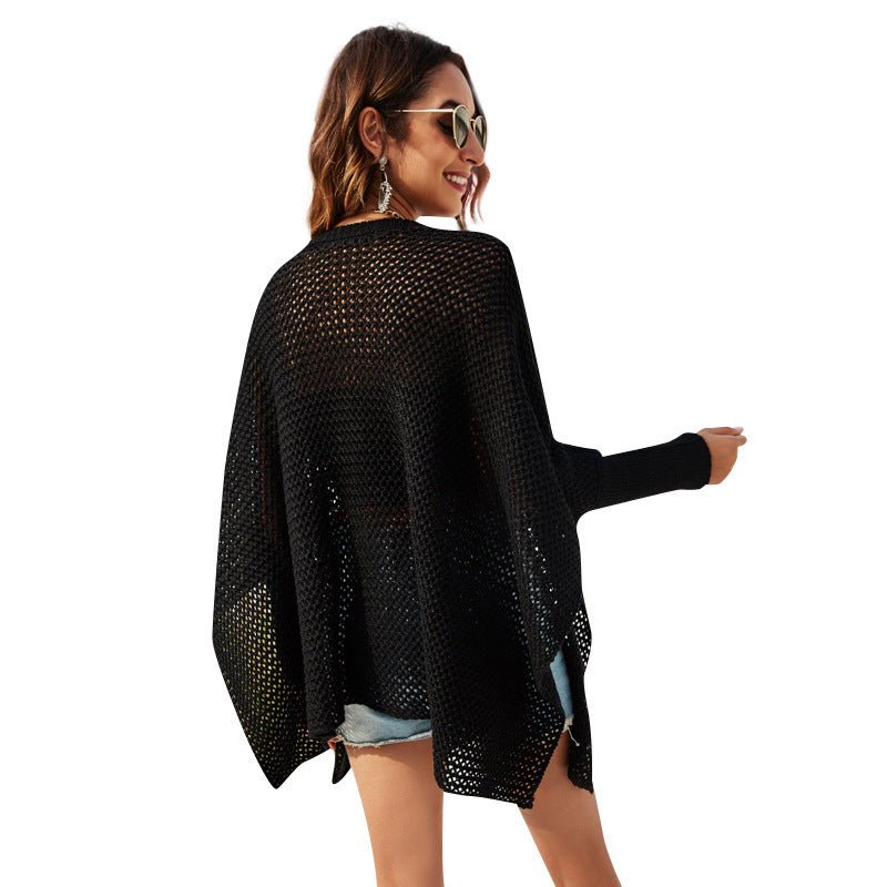 Round Neck Bat Sleeve Loose Openwork Sweater - Elevra