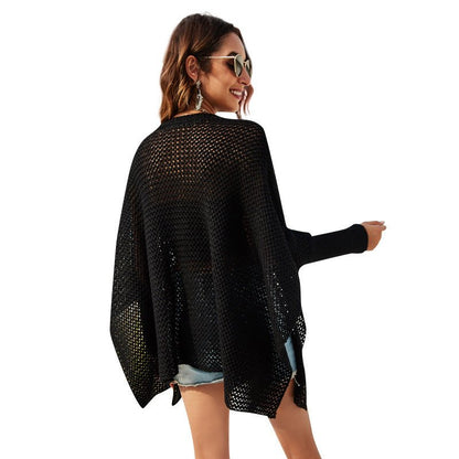 Round Neck Bat Sleeve Loose Openwork Sweater - Elevra